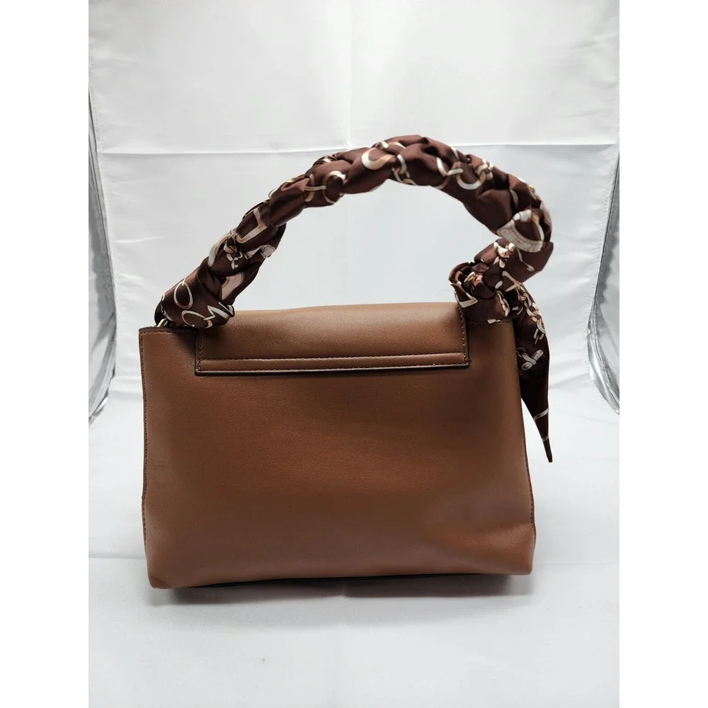 NWT Nicole Miller New York Womens Leather Shoulder Bag Tan Scarf Accent Medium